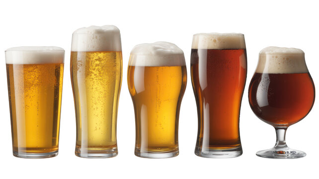 Five glasses of beer with foam isolated on a transparent background drinks beverages