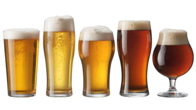 Five glasses of beer with foam isolated on a transparent background drinks beverages - Powered by Adobe