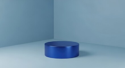 Minimalist blue cylinder podium in a soft blue corner studio