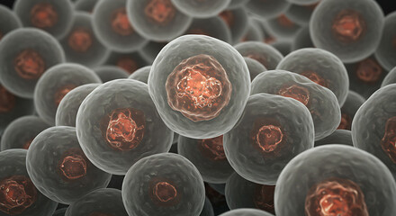 Cluster of Human Cells in 3D Microscopic View with Red Nucleus