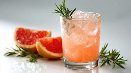 Iced grapefruit soda with rosemary garnish 