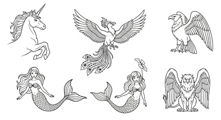 Magical Creatures Unicorn, Phoenix, Mermaid, and Griffin Vector Icon Set Illustration