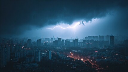 Fototapeta premium A city at night has buildings lit, while a storm approaches with lightning in the distance