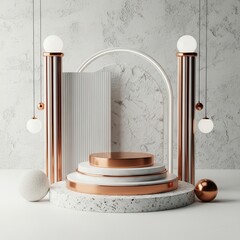Modern luxury display stage with copper accents and geometric elements