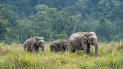 Fototapeta premium Wild Elephants in Lush Jungle – Family of Asian Elephants Roaming Grassland in Natural Habitat