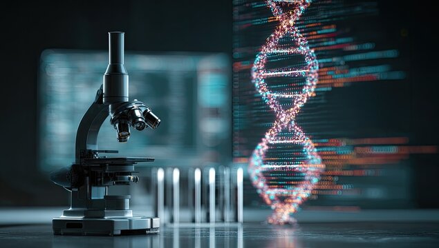 A microscope sits on a lab table, alongside test tubes,  with a DNA strand overlaid with code in the background