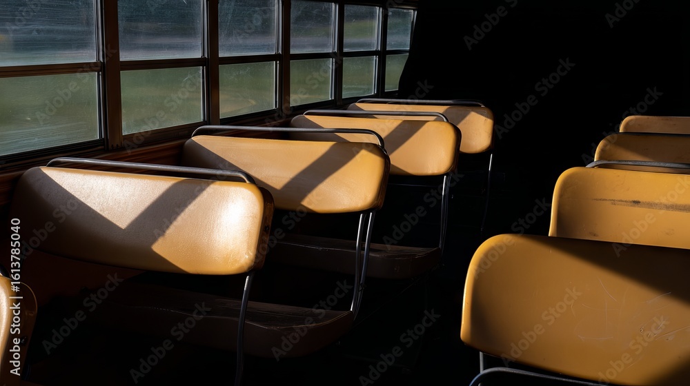 Poster interior of an empty school bus showcasing rows of yellow seats illuminated by sunlight streaming th