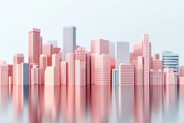 Abstract cityscape of geometric buildings in pastel colors.