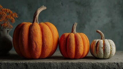 A side - view, ultra - realistic photography of three pumpkins of different sizes placed on a table in front of a grey wall