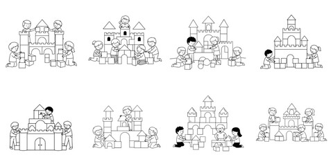 Children building castles with blocks, set of 8 icons on transparent background