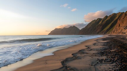 Coastal mountains meet ocean waves at sunset beach