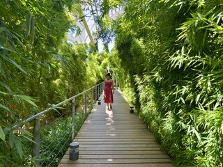 Woman in red dress walking and smiling in bamboo path