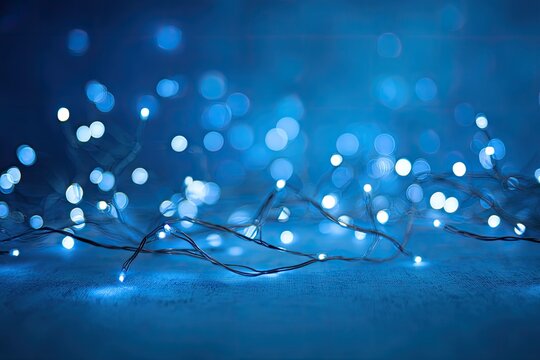 Blue Christmas lights bokeh on a snowy surface - Powered by Adobe