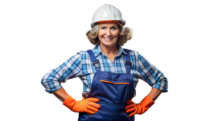 Smiling woman construction worker wearing hard hat and overalls isolated on black background isolated on white background isolated on transparent background