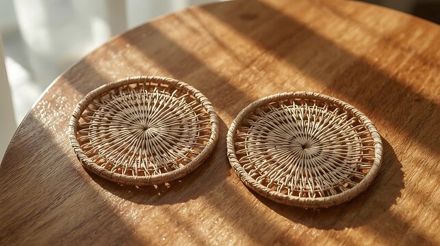Two woven coasters sitting on a wooden table surface in soft sunlight creating shadows and highlights
