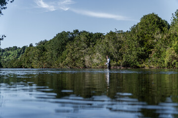 Young fisherman wearing waders stands in the middle of a river fly fishing, seen from afar. Peaceful nature scene in southern Chile.