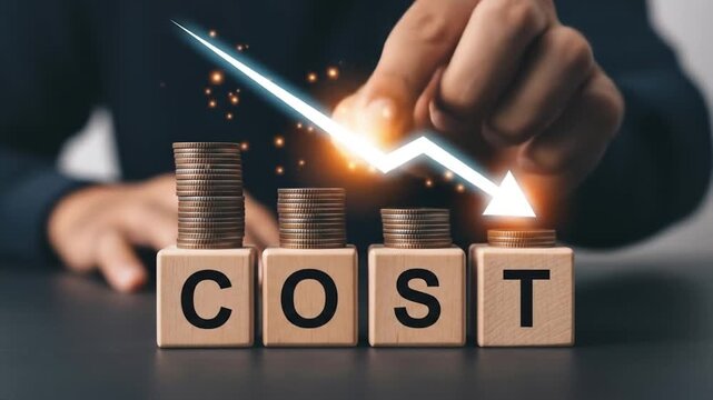 Financial Cost Reduction Strategy: Hand Interacting with Decreasing Coin Stacks on 'COST' Blocks, Symbolizing Expense Management and Savings