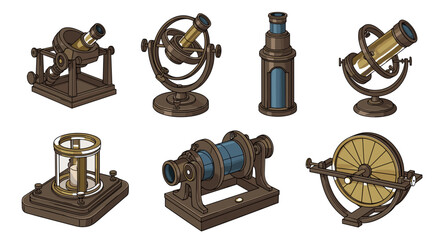 Antique scientific instrument collection in bronze and blue design style