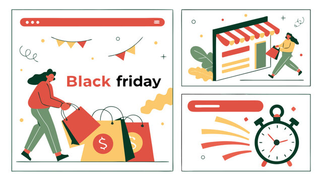 Black friday sale with shopping bags and people in a store and a clock showing the time of the sale event