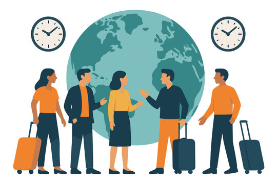 Vector illustration of a travel agent and couple, with a tour operator assisting the tourists in planning a holiday route to tropical destinations on a white background