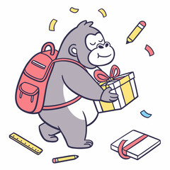 Cute Shy Gorilla, accessorized with carrying a gift box, in a Back to school world – Chalkboard Fun palette vector