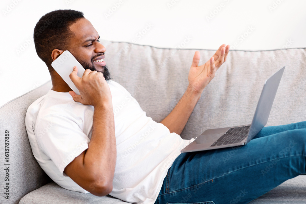 Poster displeased black man having unpleasant phone conversation talking on cellphone with customer support