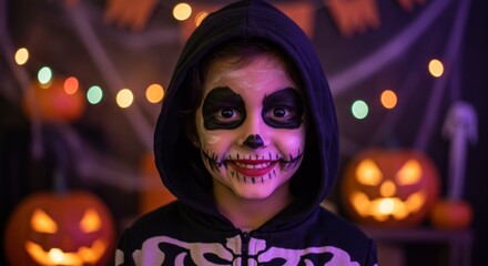 Halloween celebration with child in skeleton costume and face paint surrounded by pumpkins