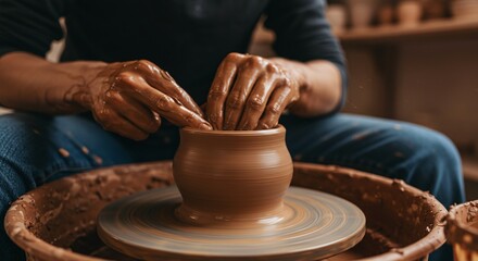 Close-up of a skilled artisan crafting a clay pot on a pottery wheel, hands shaping the material with precision and artistry.