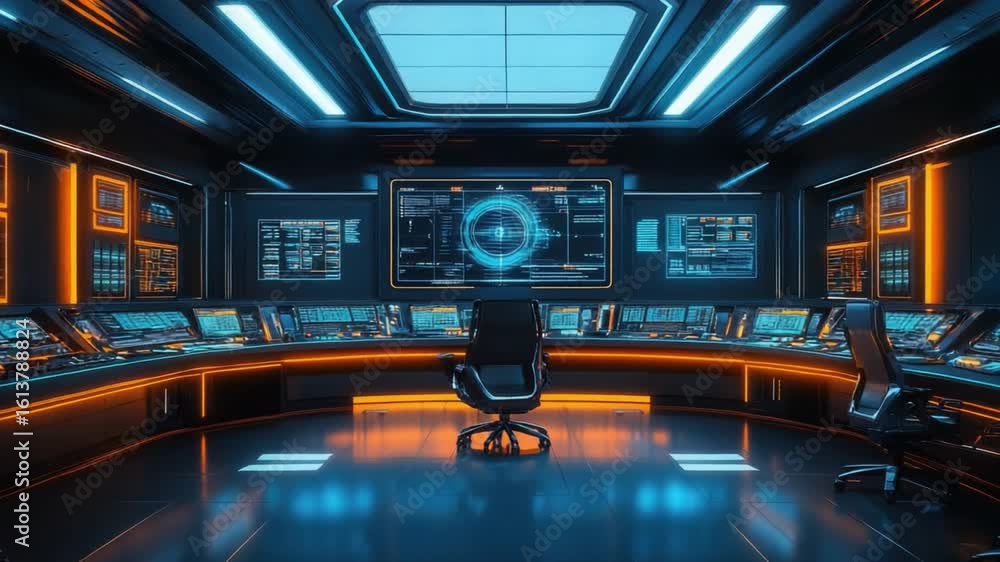Poster futuristic control room with advanced technology and glowing interfaces for sci-fi and cyberpunk the
