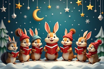Group of cartoon rabbits singing carols in snow bunny