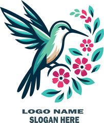 Humming bird with flowers logo vector white background .