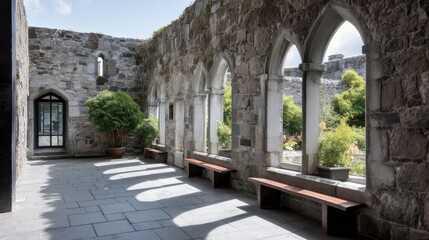 Fototapeta premium Serene old cloister with weathered stone arches illuminated by golden sunlight and long shadows across stone floor, capturing timeless tranquility and historic architecture