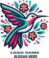 Humming bird with flowers logo vector white background .