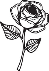 Vintage black and white rose tattoo design with delicate floral illustration and ornamental leaves