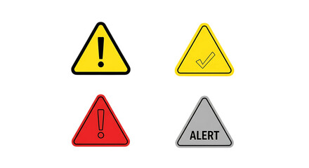 Obraz premium Four triangular warning signs with different symbols and colors isolated on transparent background