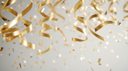 A festive scene of falling golden confetti and ribbons against a neutral background tone