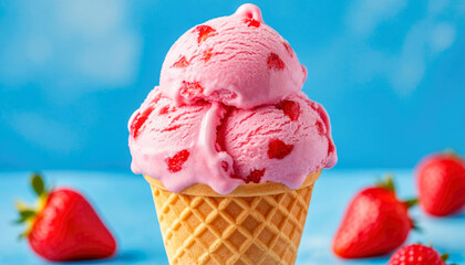 Scoops of pink strawberry ice cream with fruit pieces in a waffle cone on a bright blue background with strawberries nearby.