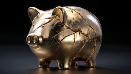 Golden piggy bank with deep cracks