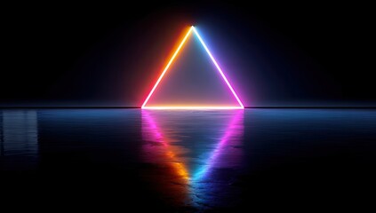 Neon triangle shape on dark reflective floor