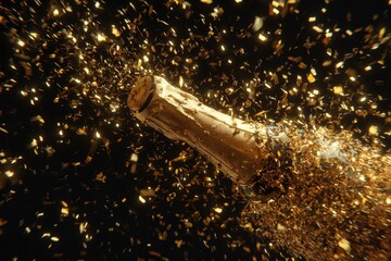 champagne bottle popping with golden confetti explosion against black background, dramatic lighting, luxury celebration mood, no text.