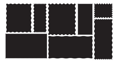 Black silhouette scalloped frames. Rectangle shape frame with zigzag edge. Geometric shapes stickers with zigzag wavy edge. Different size frames. vector illustration.