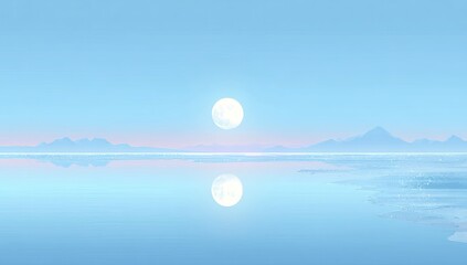 Pale moonlit, calm expanse.  Vast, serene landscape