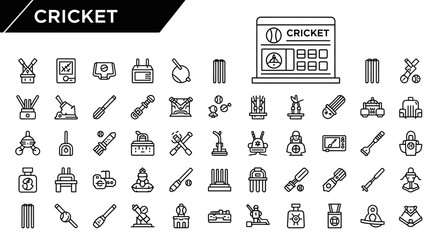 Solid Black Cricket Icons: Bat, Ball, Wicket, and Field Sports Symbols