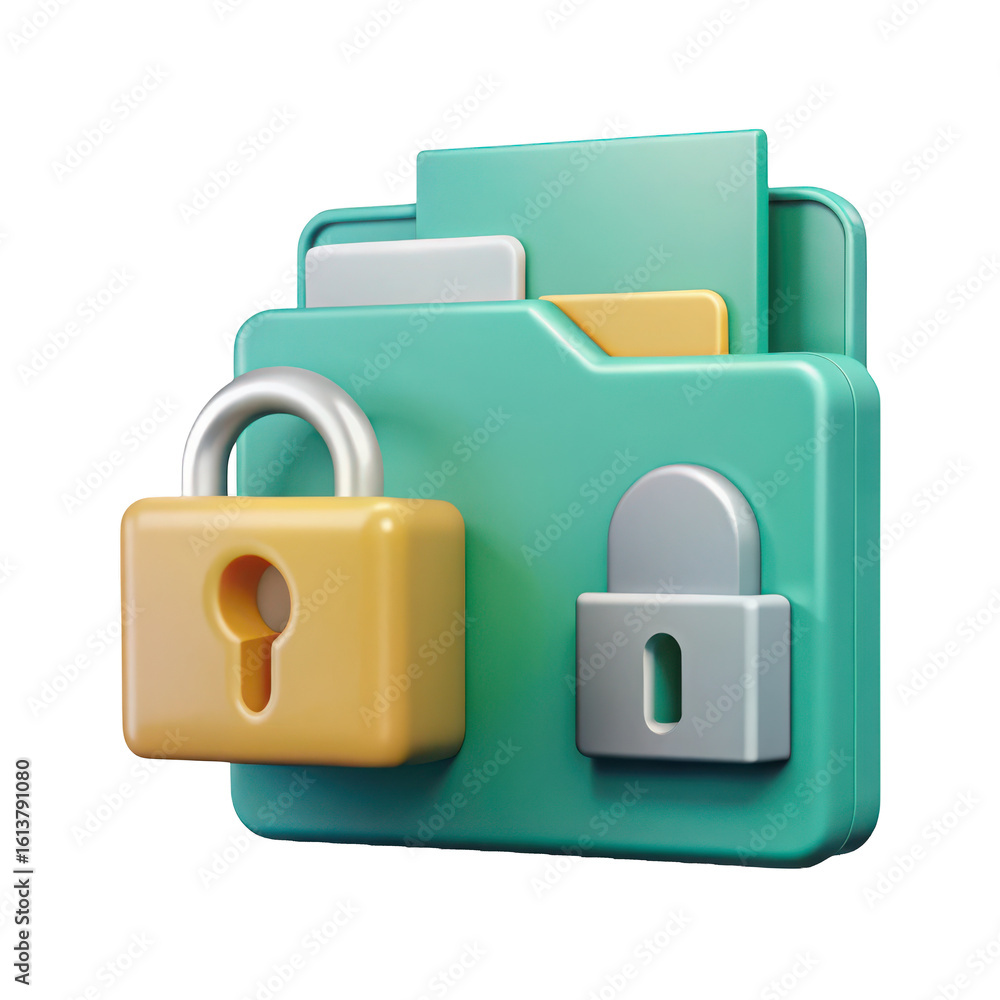 Poster teal folder with yellow and gray padlocks isolated on a transparent background file document