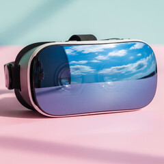VR Headset on Ppastel surface with sky reflection. advance technology VR Headset. advance scientific gadgets.