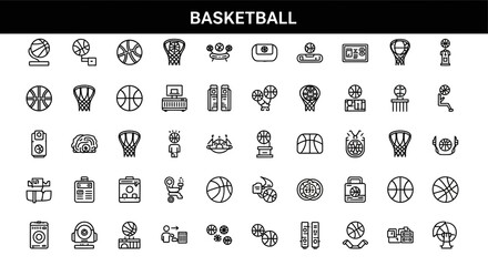 Solid Black Basketball Icons: Ball, Hoop, and Court Sports Symbols