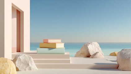 Pastel beach house scene with books