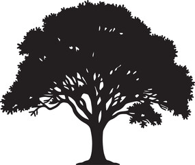 Black vector tree silhouette illustration with roots and leafy branches, perfect for nature-inspired spring and autumn designs