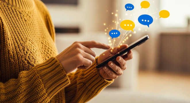 Using mobile phone for communication chat messaging social media application online connection and network