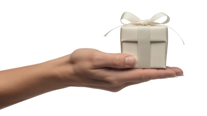 Hand holding a gift box with ribbon isolated on a transparent background image
